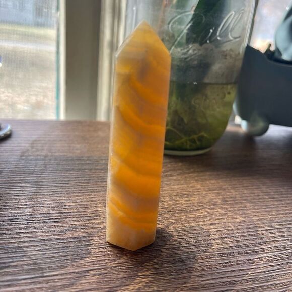Orange Calcite tower small banding standing point polished decor natural - Picture 2 of 7